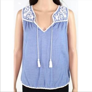 Joie Blue Embroidered Cotton Peasant Blouse Small